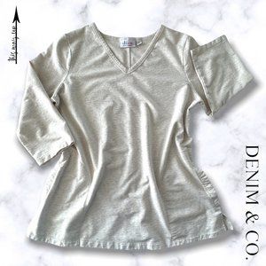 DENIM & CO. Heather Beige 3/4 Sleeve V-Neck Tee with Pockets